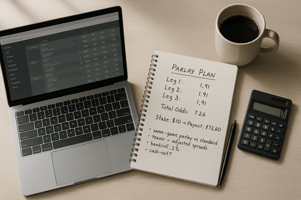 Top-down desk scene showing notes that calculate a three-leg parlay payout and compare standard, same-game, and teaser options.