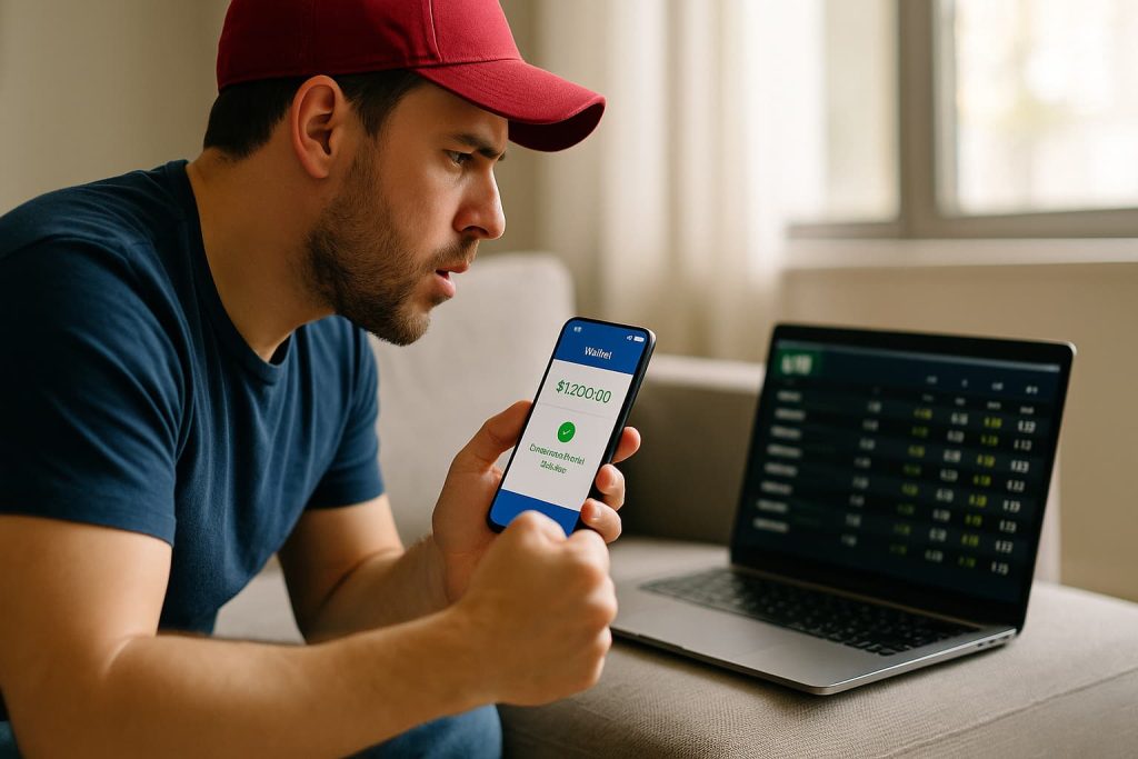 User funding a sportsbook account via a digital wallet with PayPal while live odds update on a laptop in a bright living room, 2025.