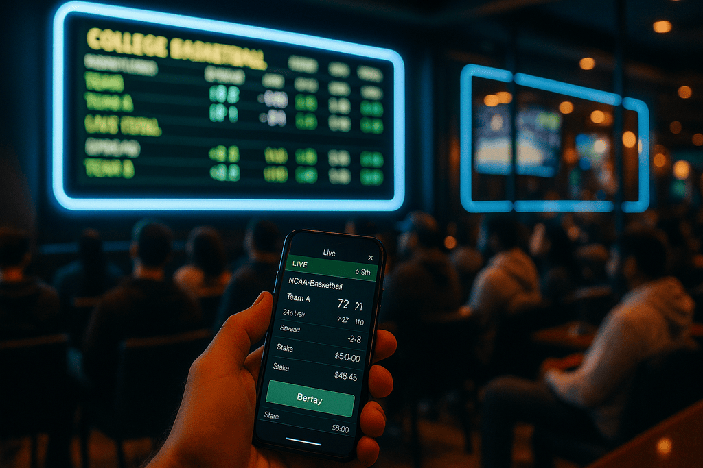 Hand holding a live college basketball bet slip in front of a sportsbook odds board showing NCAA lines.