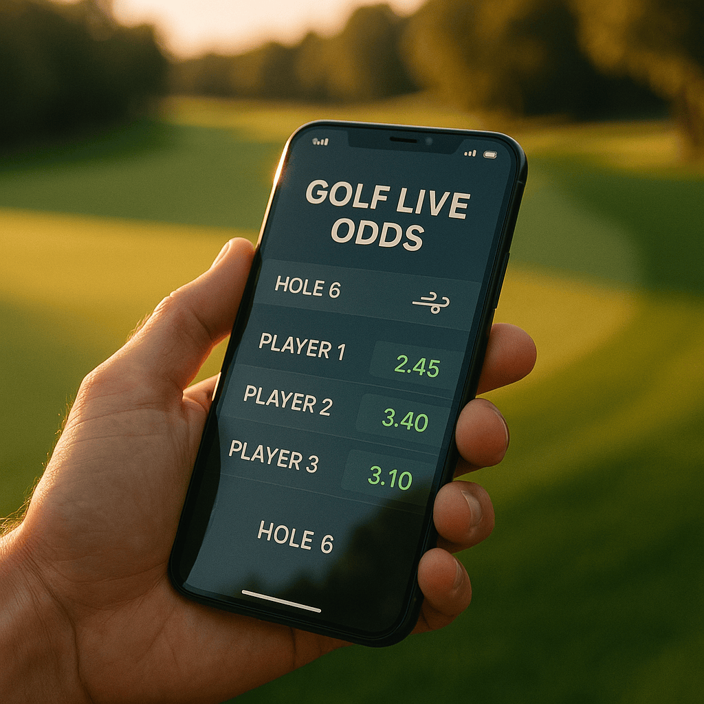 Mobile phone showing live golf betting odds beside a fairway during golden hour, highlighting real-time wagering on online sportsbooks in 2026.