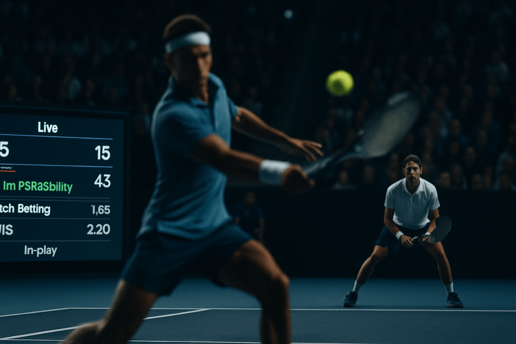 Player hits a forehand under stadium lights as live tennis betting odds overlay updates in real time.